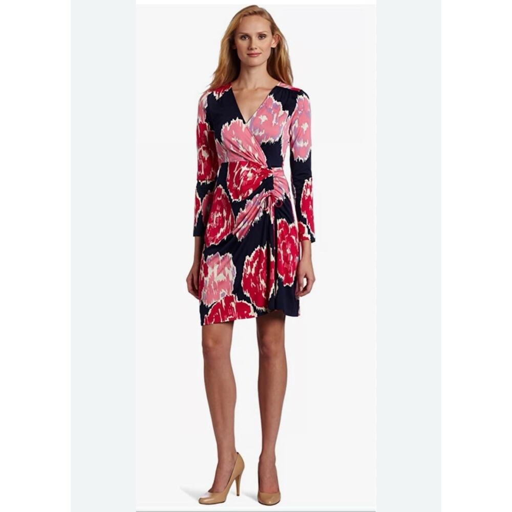 Lilly Pulitzer Silk Blend Faux Wrap V Neck Long Sleeve Augusta Mini Dress MEDIUM